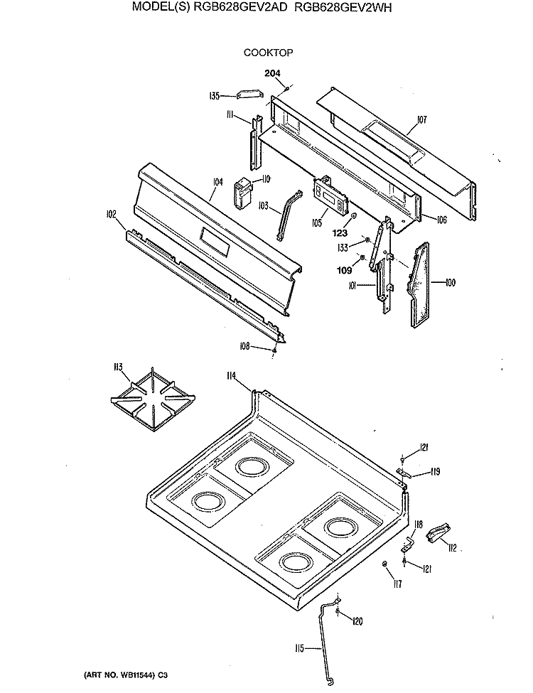 COOKTOP Diagram and Parts List for RGB628GEV2WH  Hotpoint Range