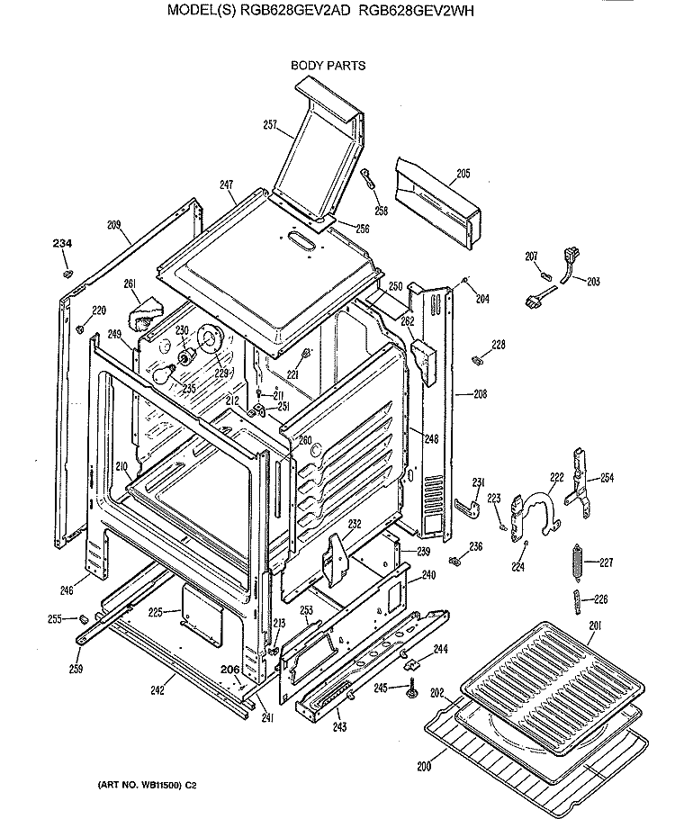 BODY PARTS Diagram and Parts List for RGB628GEV2WH  Hotpoint Range
