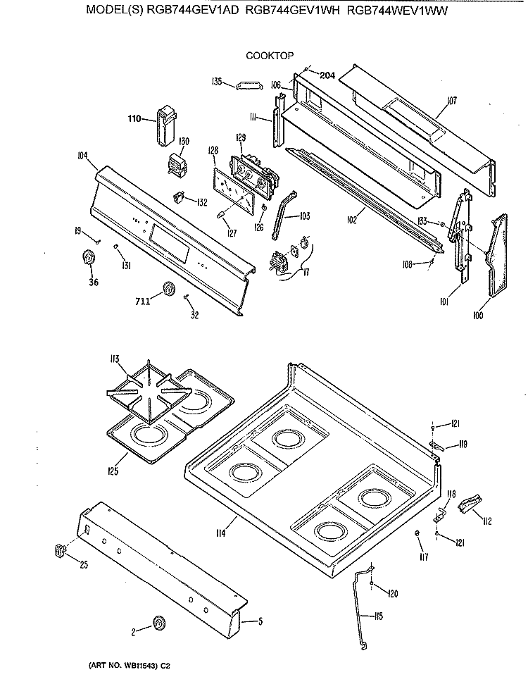 COOKTOP Diagram and Parts List for RGB744WEV1WW  Hotpoint Range