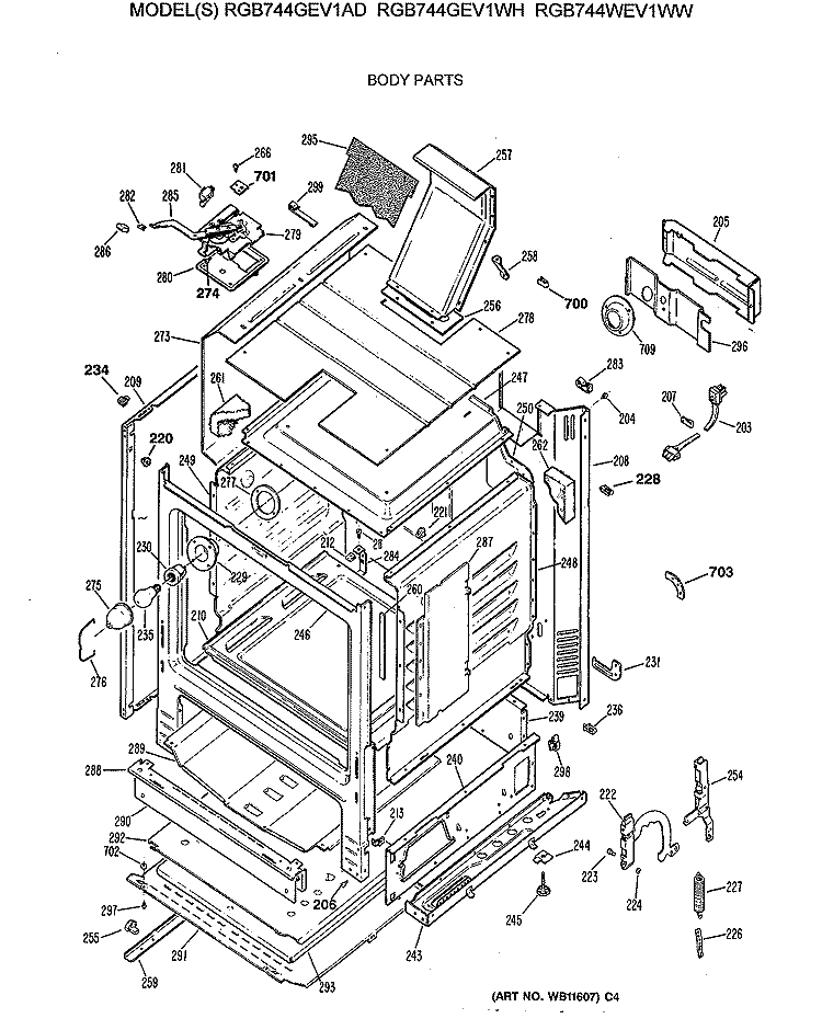 BODY PARTS Diagram and Parts List for RGB744WEV1WW  Hotpoint Range