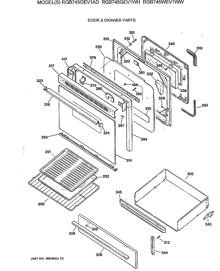 DOOR & DRAWER PARTS Diagram and Parts List for RGB745WEV1WW  Hotpoint Range
