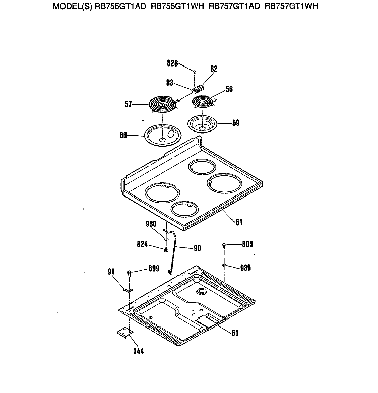 Section Diagram and Parts List for RB755GT1AD  Hotpoint Range