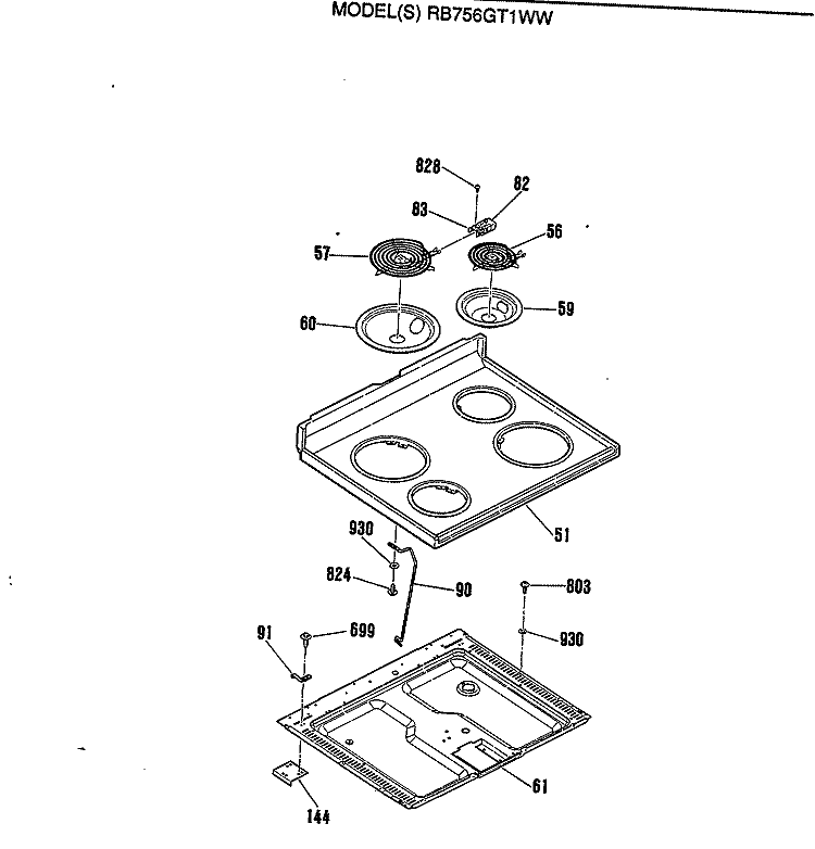 Section Diagram and Parts List for RB756GT1WW  Hotpoint Range