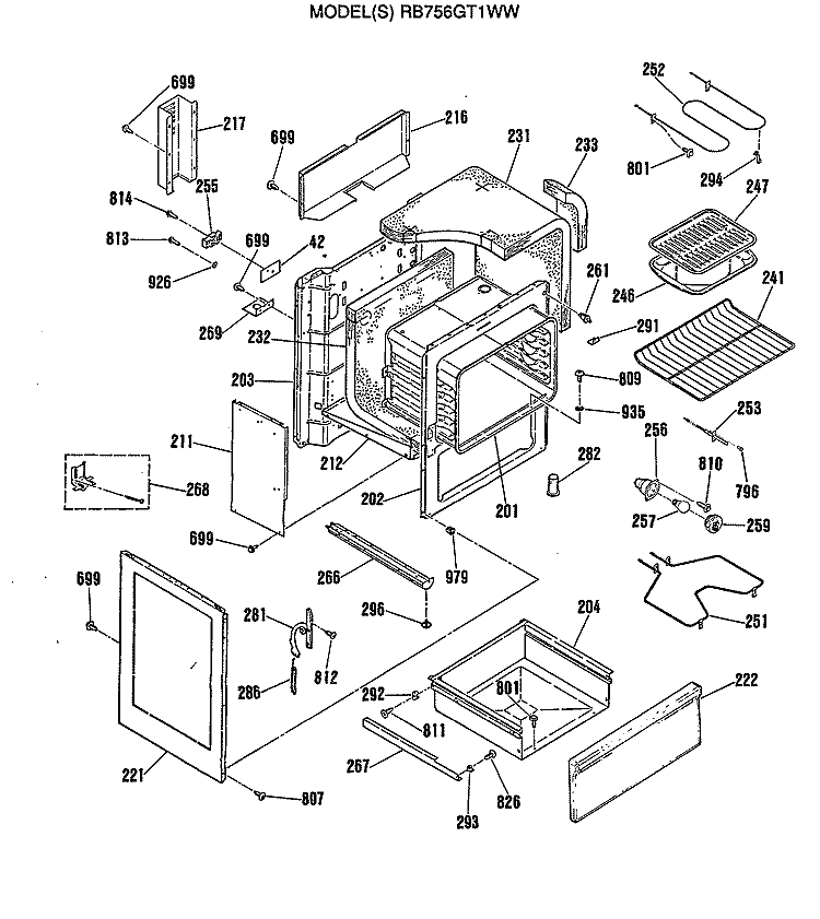 Section Diagram and Parts List for RB756GT1WW  Hotpoint Range