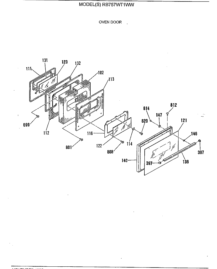 OVEN DOOR Diagram and Parts List for RB757WT1WW  Hotpoint Range