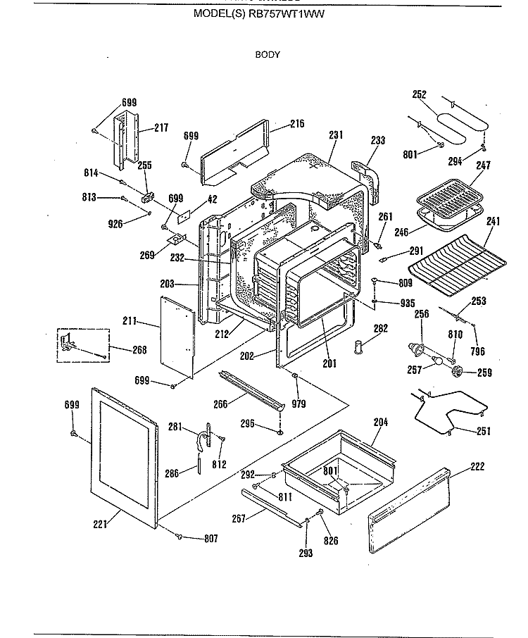 BODY Diagram and Parts List for RB757WT1WW  Hotpoint Range