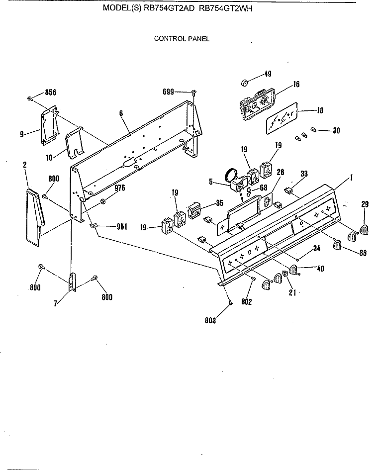 CONTROL PANEL Diagram and Parts List for RB754GT2AD  Hotpoint Range