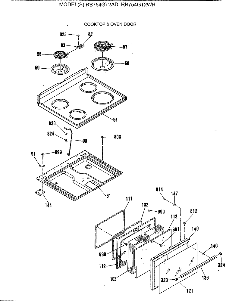 COOKTOP & OVEN DOOR Diagram and Parts List for RB754GT2AD  Hotpoint Range
