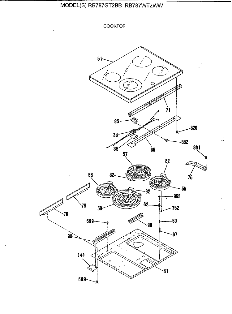 COOKTOP Diagram and Parts List for RB787WT2WW  Hotpoint Range