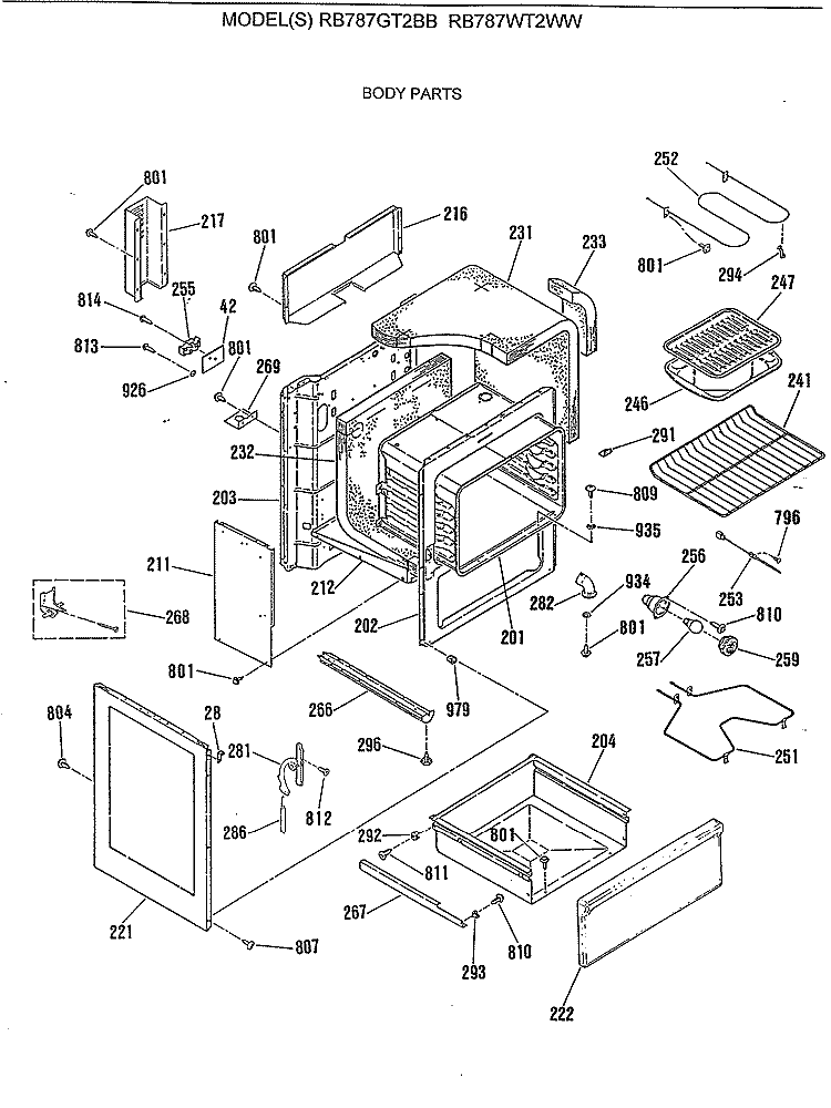 BODY PARTS Diagram and Parts List for RB787WT2WW  Hotpoint Range