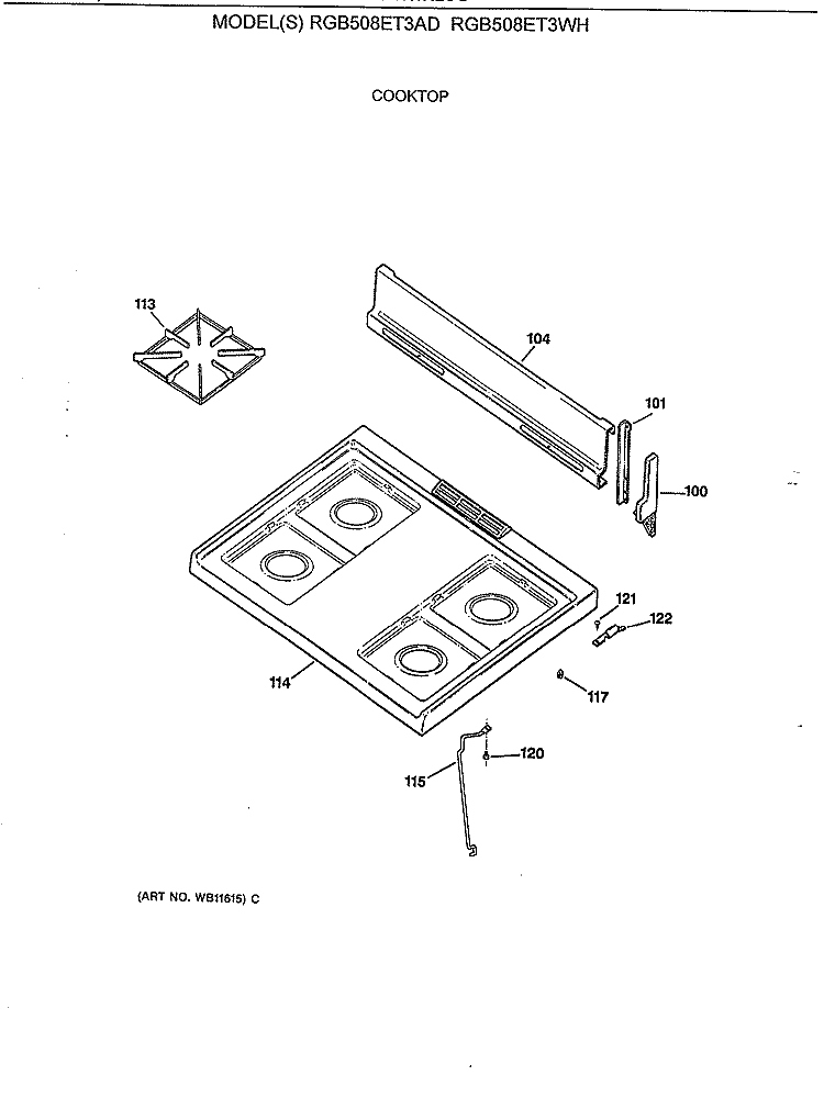 COOKTOP Diagram and Parts List for RGB508ET3WH  Hotpoint Range