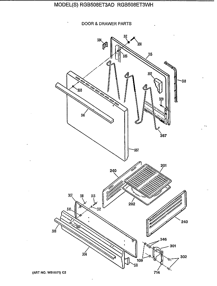 DOOR & DRAWER PARTS Diagram and Parts List for RGB508ET3WH  Hotpoint Range