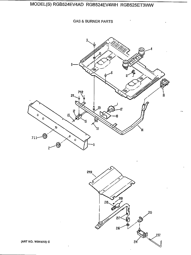 GAS & BURNER PARTS Diagram and Parts List for RGB524EV4WH  Hotpoint Range