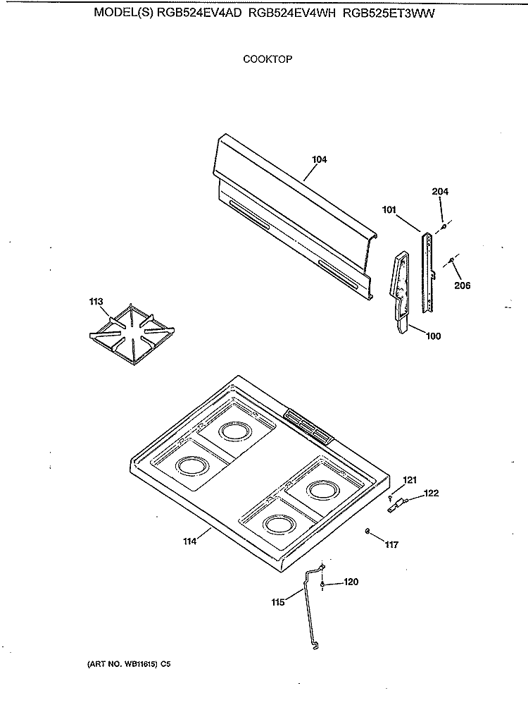 COOKTOP Diagram and Parts List for RGB524EV4WH  Hotpoint Range