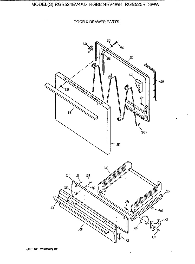 DOOR & DRAWER PARTS Diagram and Parts List for RGB524EV4WH  Hotpoint Range