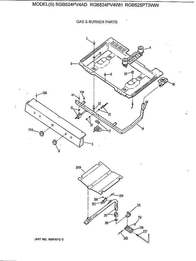 GAS & BURNER PARTS Diagram and Parts List for RGB524PV4WH  Hotpoint Range