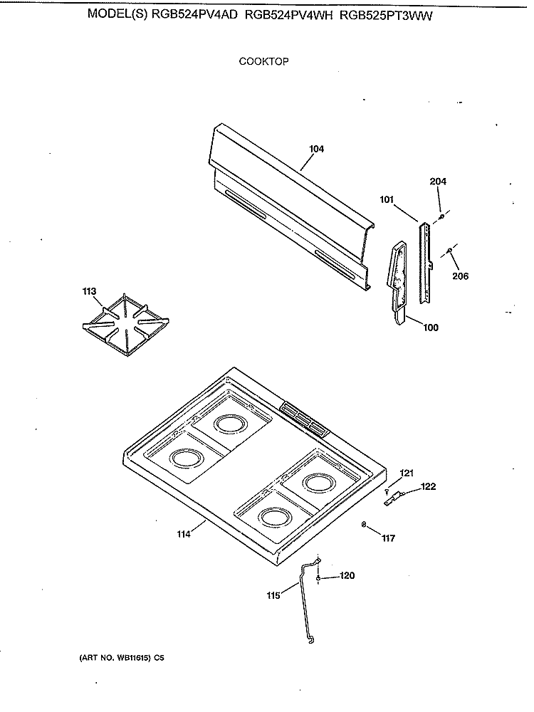 COOKTOP Diagram and Parts List for RGB524PV4WH  Hotpoint Range