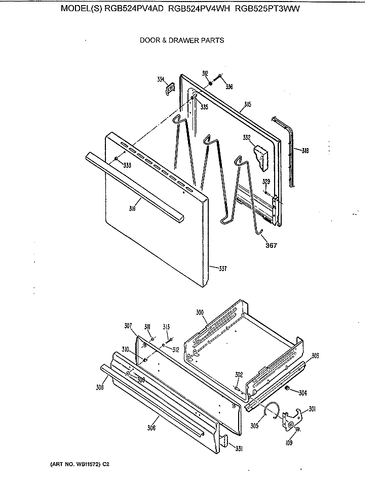DOOR & DRAWER PARTS Diagram and Parts List for RGB524PV4WH  Hotpoint Range