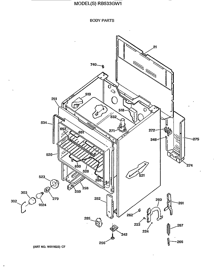 BODY PARTS Diagram and Parts List for RB533GW1  Hotpoint Range