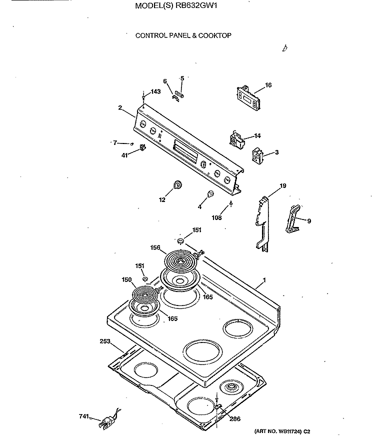 CONTROL PANEL & COOKTOP Diagram and Parts List for RB632GW1  Hotpoint Range
