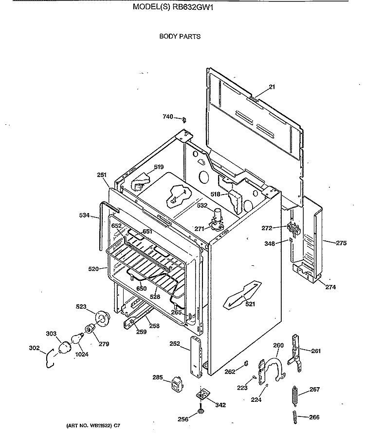 BODY PARTS Diagram and Parts List for RB632GW1  Hotpoint Range