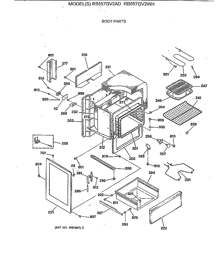 BODY PARTS Diagram and Parts List for RB557GV2AD  Hotpoint Range