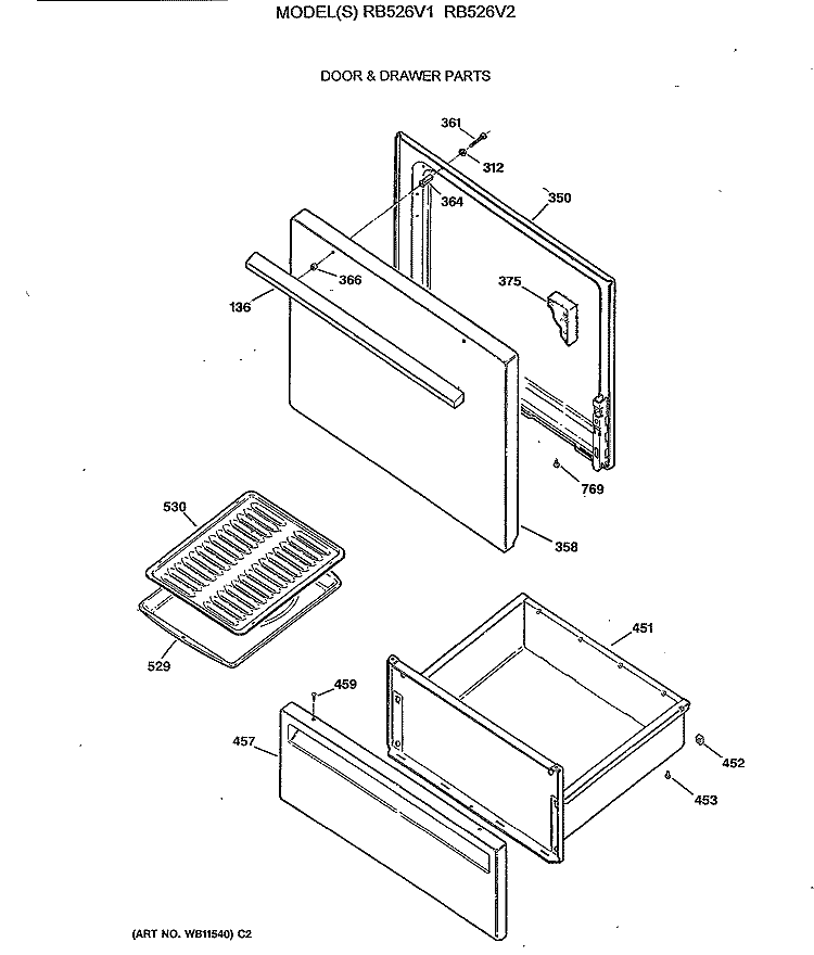 DOOR & DRAWER PARTS Diagram and Parts List for RB526V2  Hotpoint Range