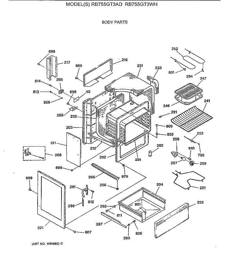 BODY PARTS Diagram and Parts List for RB755GT3AD  Hotpoint Range