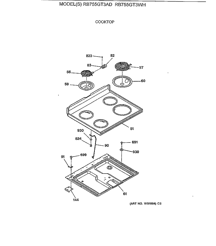 COOKTOP Diagram and Parts List for RB755GT3AD  Hotpoint Range