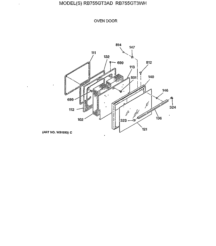 OVEN DOOR Diagram and Parts List for RB755GT3AD  Hotpoint Range