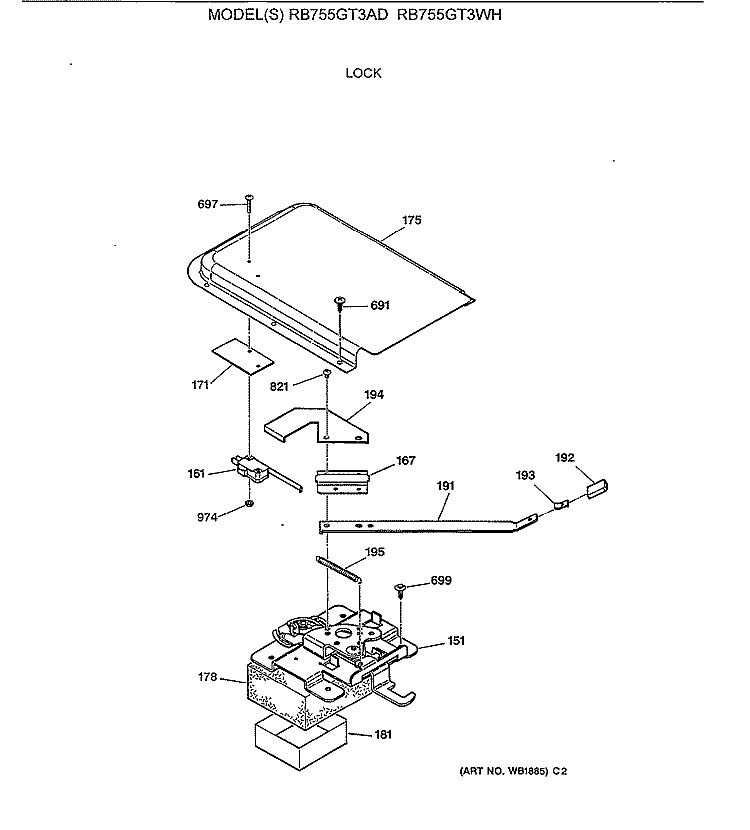 LOCK Diagram and Parts List for RB755GT3AD  Hotpoint Range