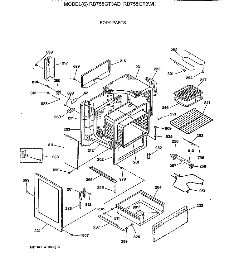 BODY PARTS Diagram and Parts List for RB755GT3AD  Hotpoint Range