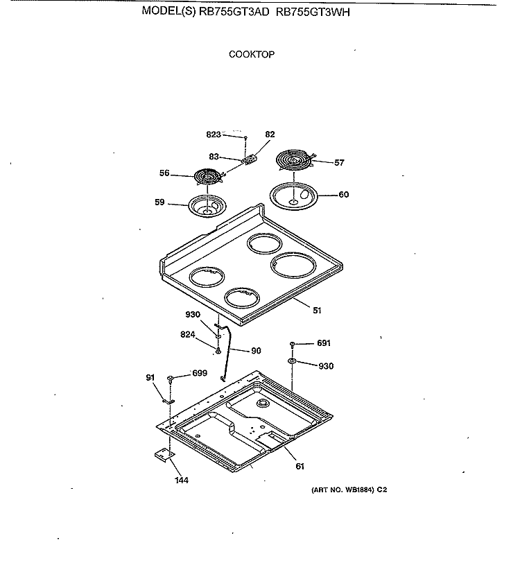 COOKTOP Diagram and Parts List for RB755GT3AD  Hotpoint Range