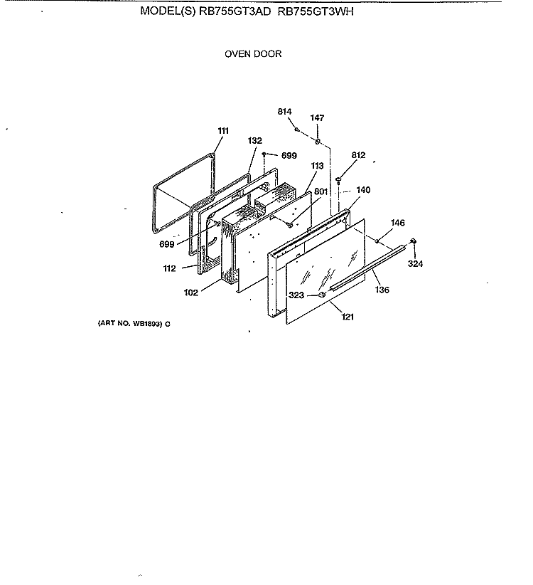 OVEN DOOR Diagram and Parts List for RB755GT3AD  Hotpoint Range