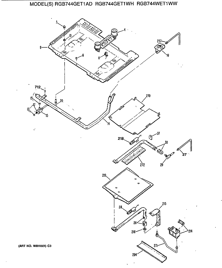 Section Diagram and Parts List for RGB744GET1WH  Hotpoint Range