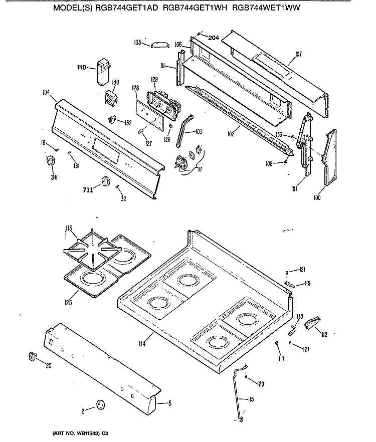 Section Diagram and Parts List for RGB744GET1WH  Hotpoint Range