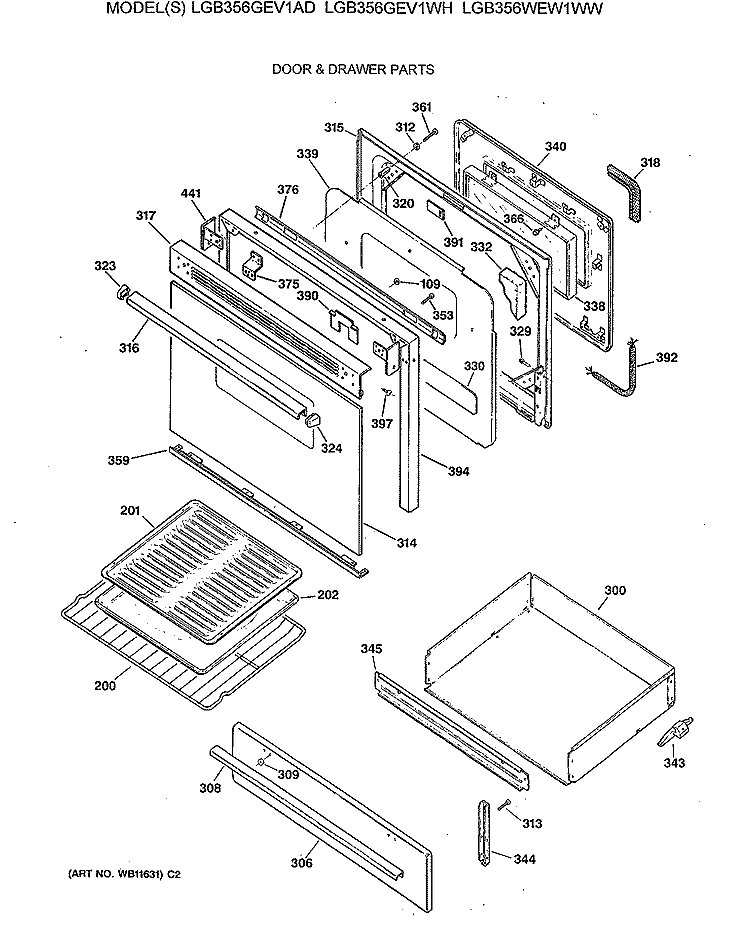 DOOR & DRAWER PARTS Diagram and Parts List for LGB356WEW1WW  General Electric Cooktop