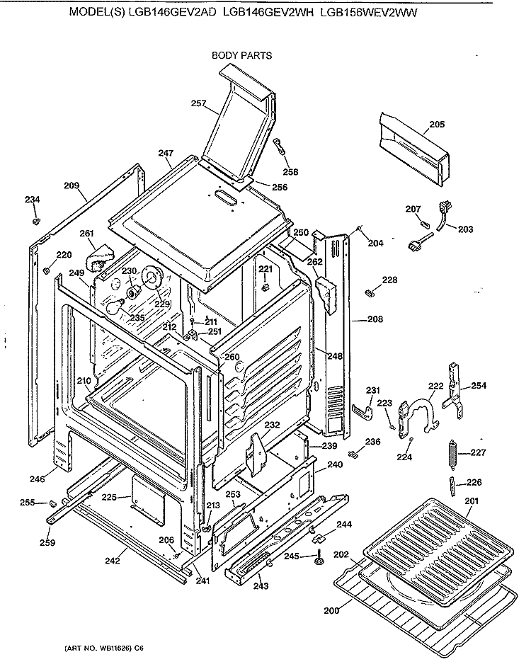 BODY PARTS Diagram and Parts List for LGB146GEV2WH  General Electric Range