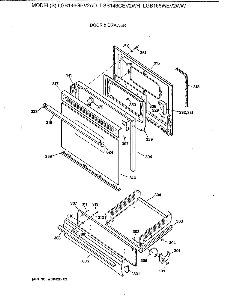 DOOR & DRAWER Diagram and Parts List for LGB146GEV2WH  General Electric Range