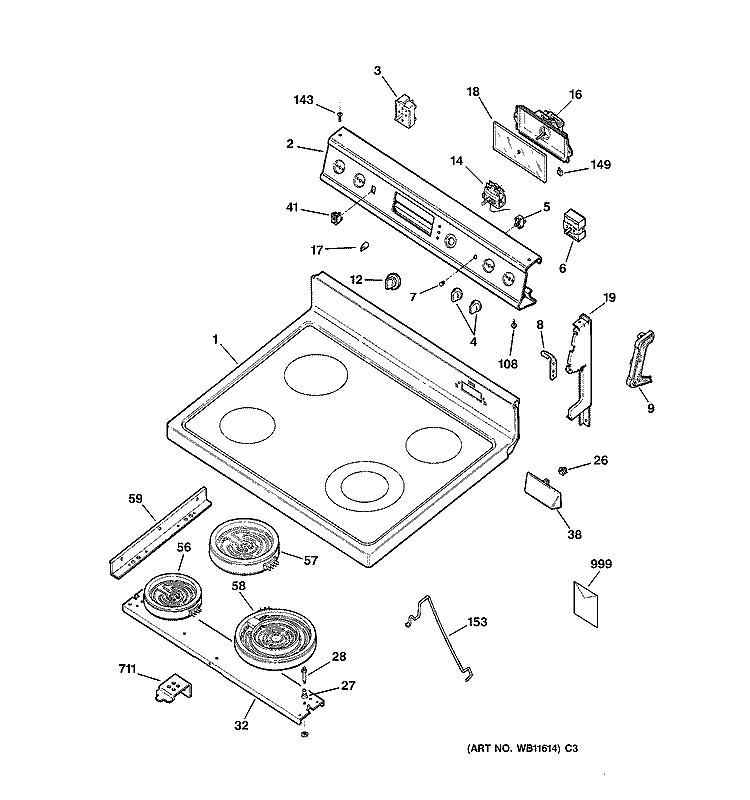 CONTROL PANEL & COOKTOP Diagram and Parts List for JBS30GV4WH  General Electric Range