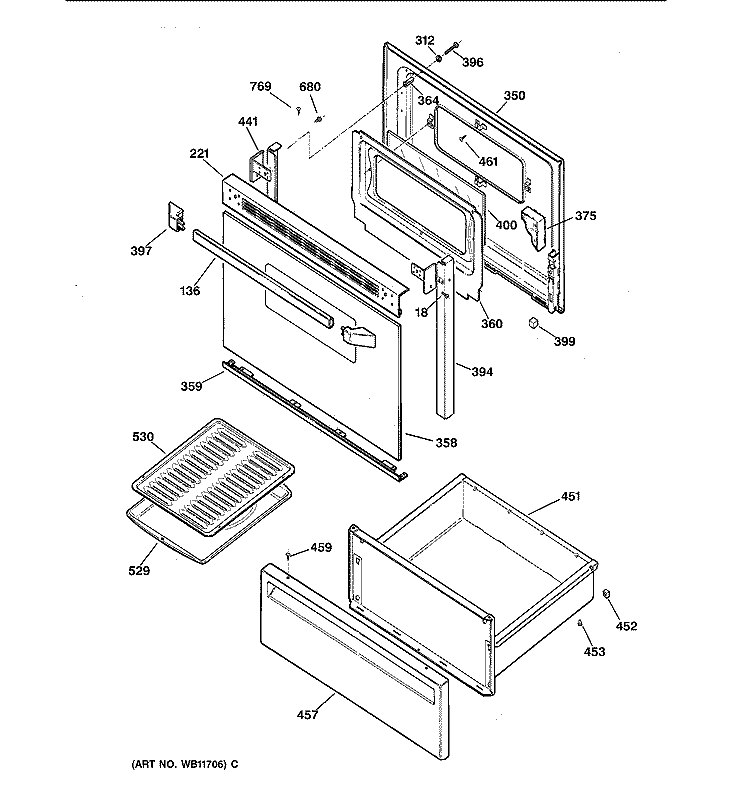 DOOR & DRAWER PARTS Diagram and Parts List for JBS30GV4WH  General Electric Range