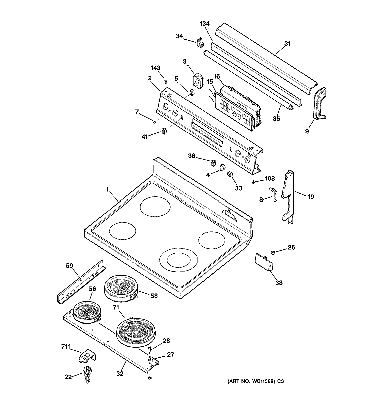 COOKTOP & CONTROL PANEL Diagram and Parts List for JBP90GW1  General Electric Range