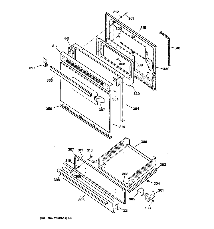DOOR & DRAWER PARTS Diagram and Parts List for JGBS22BEW1WH  General Electric Range