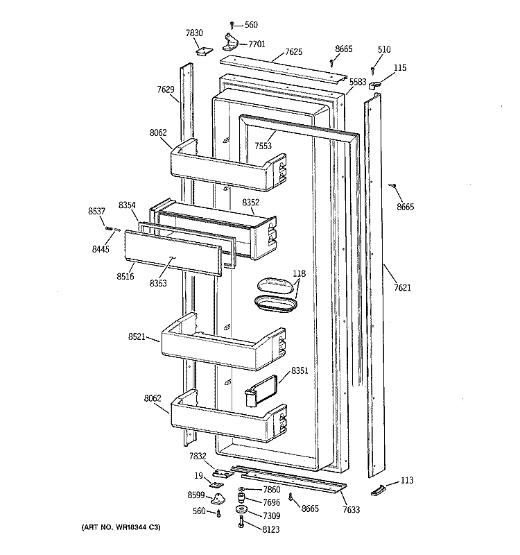 FRESH FOOD DOOR Diagram and Parts List for ZISB36DYA  General Electric Refrigerator