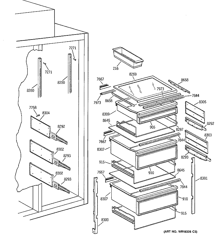 FRESH FOOD SECTION Diagram and Parts List for ZISB36DYA  General Electric Refrigerator