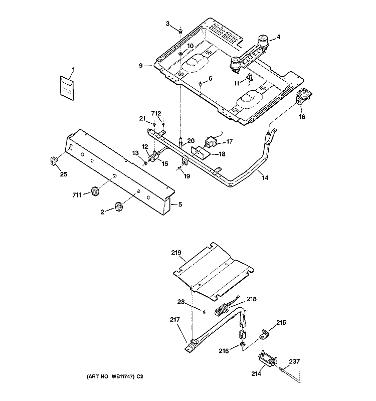 GAS & BURNER PARTS Diagram and Parts List for JGBC20BEW2WH  General Electric Range