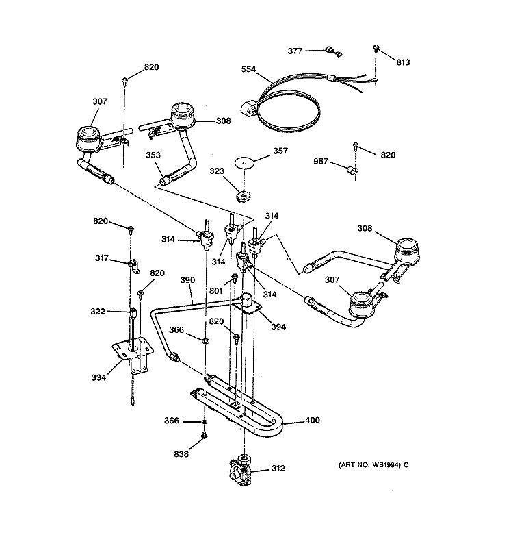 GAS & BURNER PARTS Diagram and Parts List for JGP622ER3WH  General Electric Cooktop