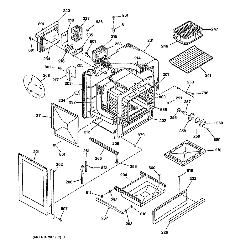 BODY PARTS Diagram and Parts List for JGSP44AEV1AA  General Electric Range