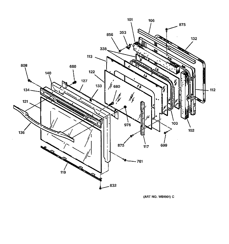 DOOR Diagram and Parts List for JTP18AW1AA  General Electric Wall Oven