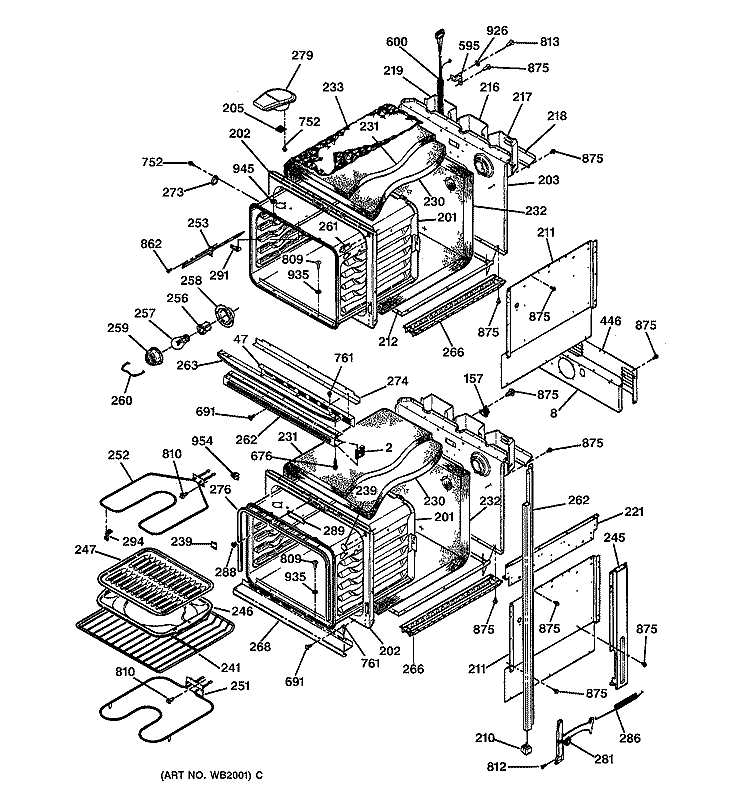 BODY PARTS Diagram and Parts List for JKP27BW1BB  General Electric Wall Oven